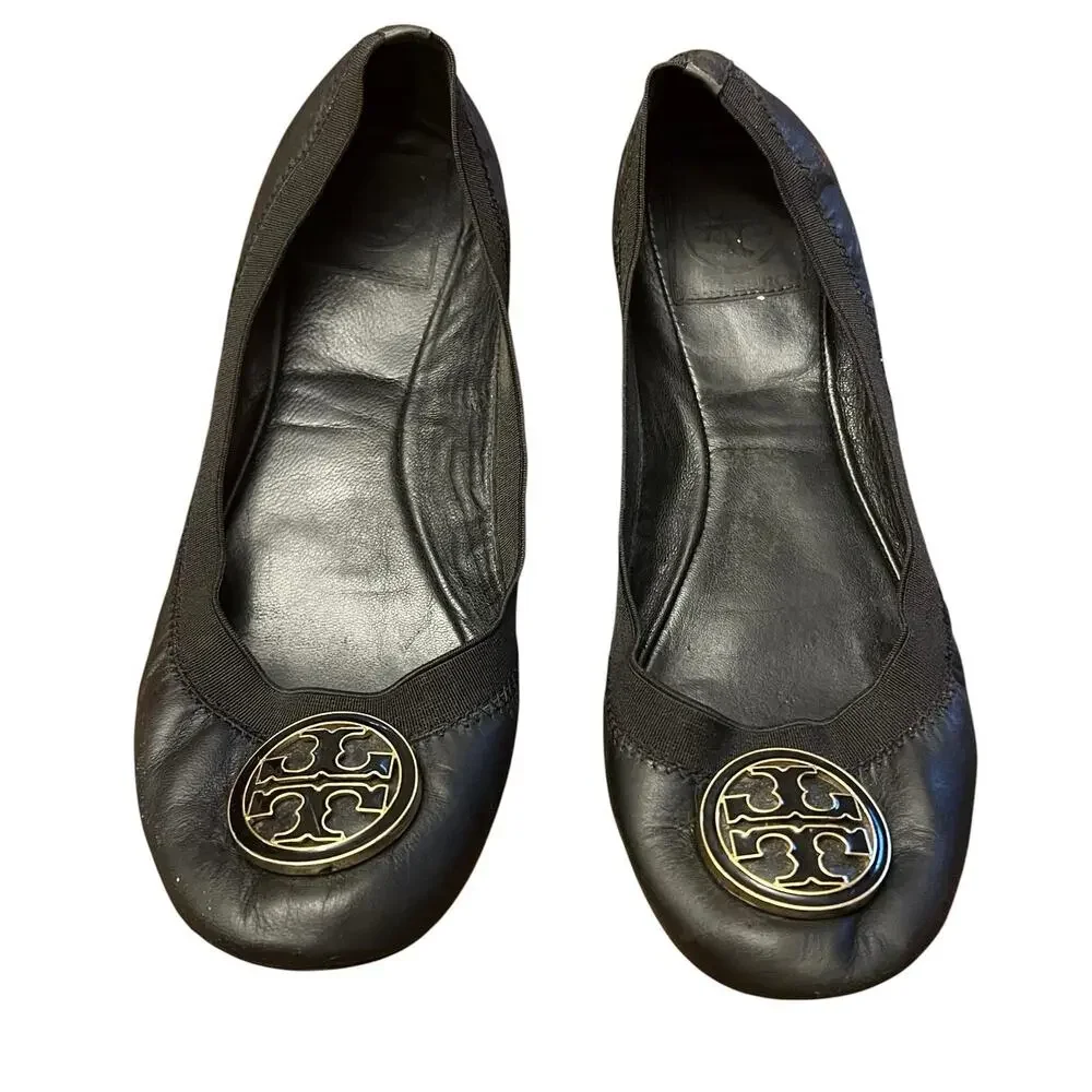 Tory Burch Reva Ballet Flats Black Leather Double T Logo Sz 7.5